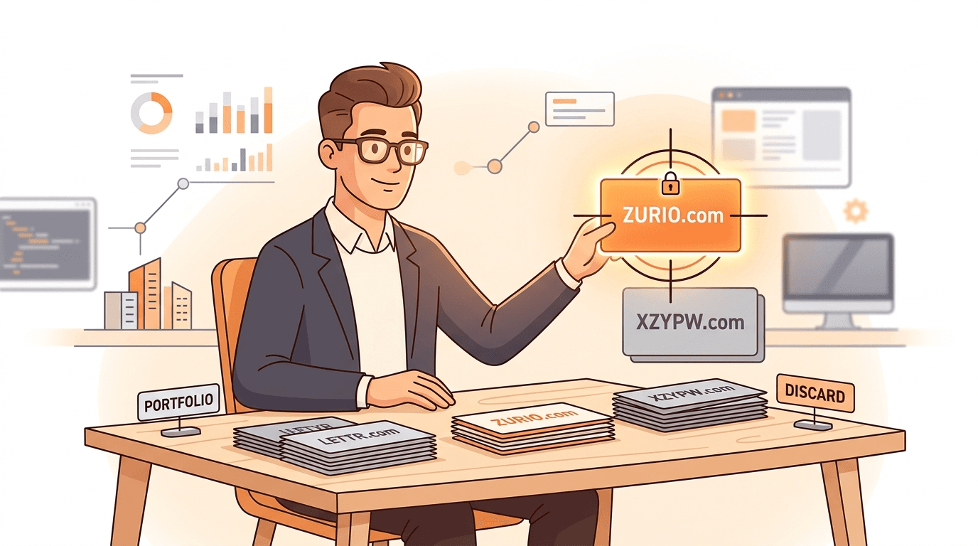 A domain investor sorting five-letter .com name cards, with a pronounceable CVCVC brandable glowing orange next to a rejected random-letter string.