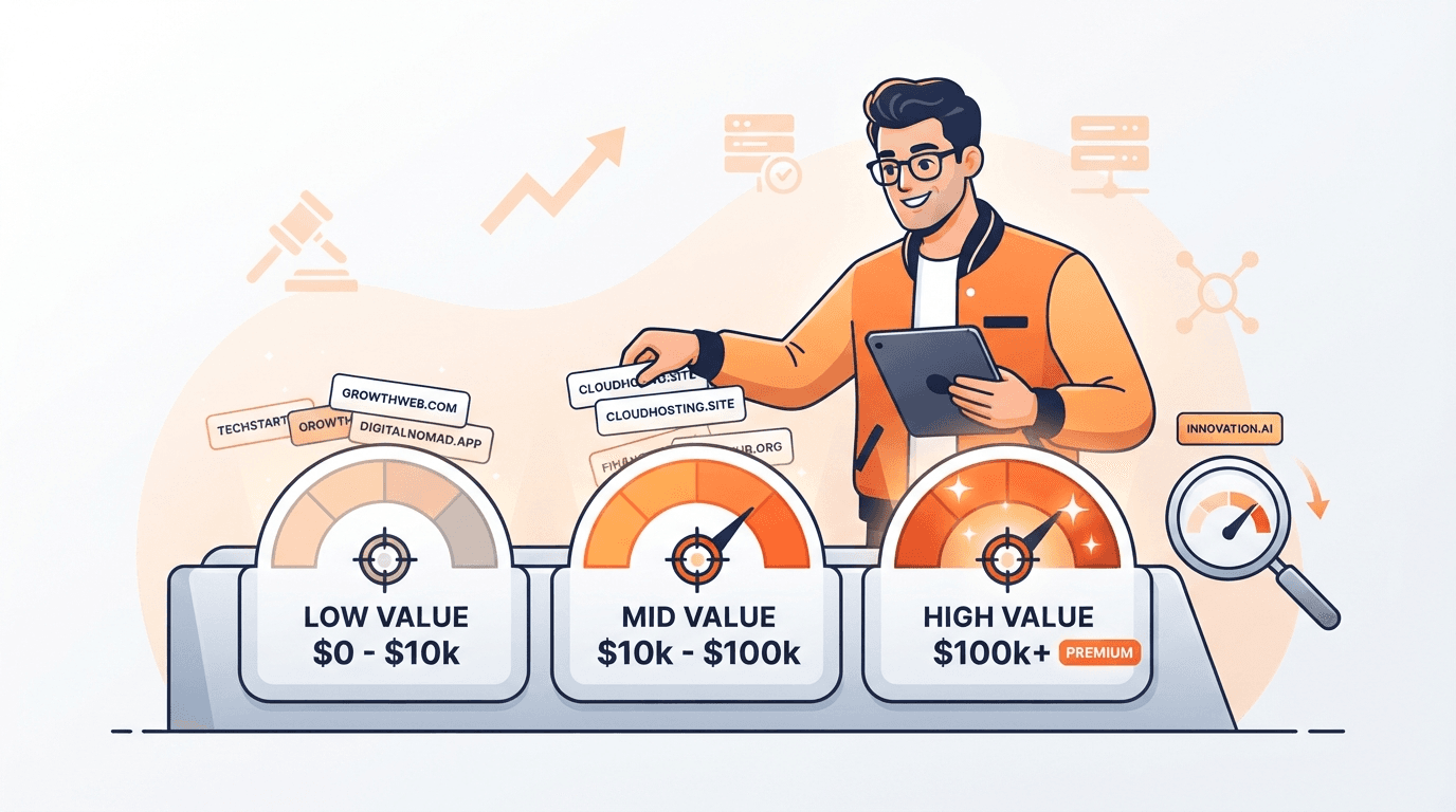 A domain investor routing different domain-name cards to the appraisal tool that handles each one best, turning a spread of conflicting estimates into a single maximum bid.
