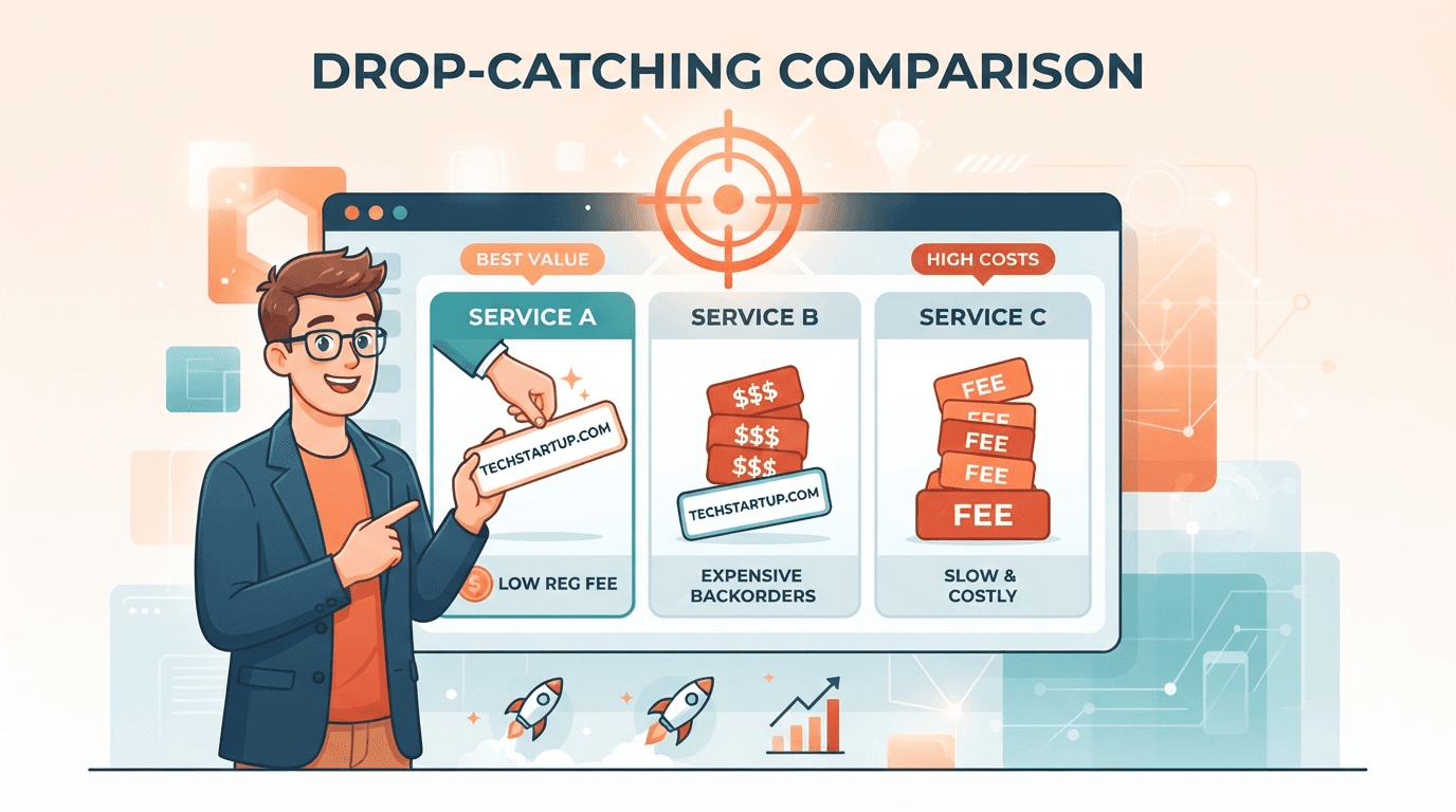 A domain investor comparing drop-catching services on an orange scorecard, one option catching a name at registration price while others stack up backorder fees.