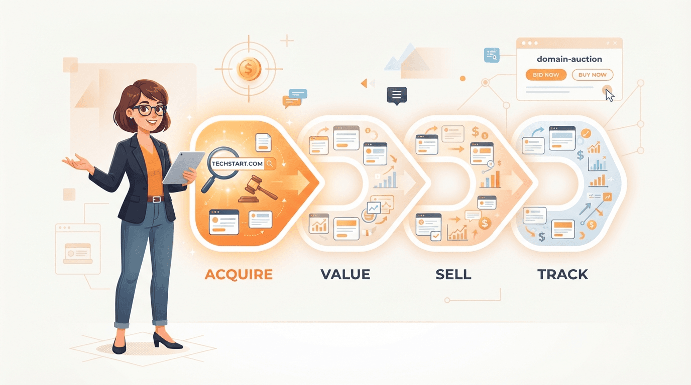 A domain investor standing before a four-stage investing loop of acquire, value, sell and track, where the sell and track panels are crowded with platform cards and the acquire stage sits conspicuously empty.
