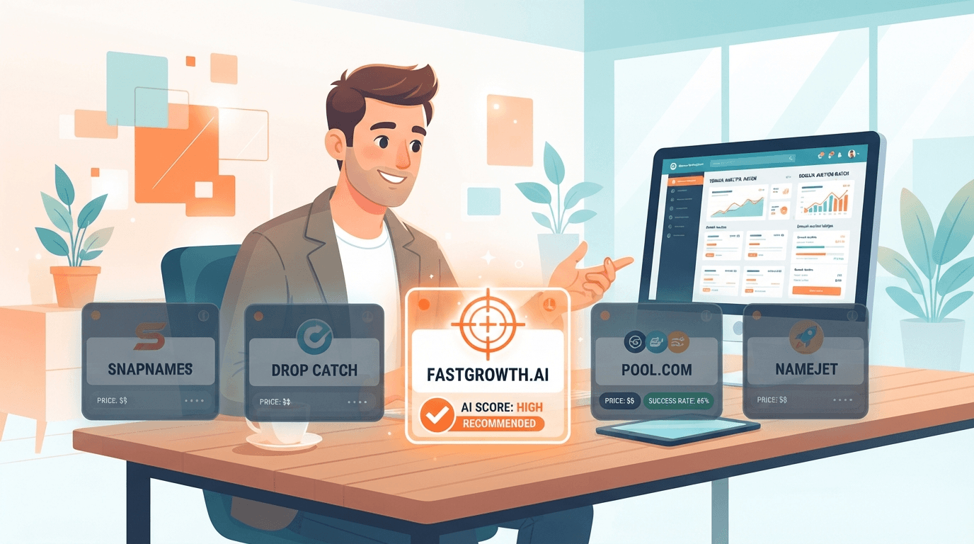 A domain investor comparing domain sniping tools on an orange feature checklist, an AI-scored auction sniper passing while a bare list of names is left behind.