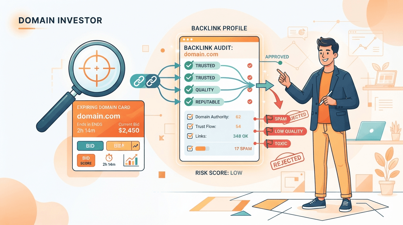 A domain investor auditing an expired domain's backlink profile on an orange checklist, clean links passing while spammy toxic links are flagged and rejected.