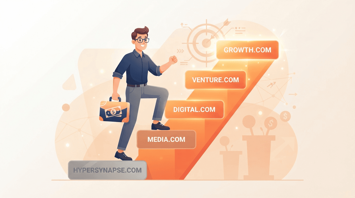 A domain investor climbing an orange value ladder of single dictionary-word .com name cards, a common commercial word glowing at the top while an obscure technical term sits at the bottom.