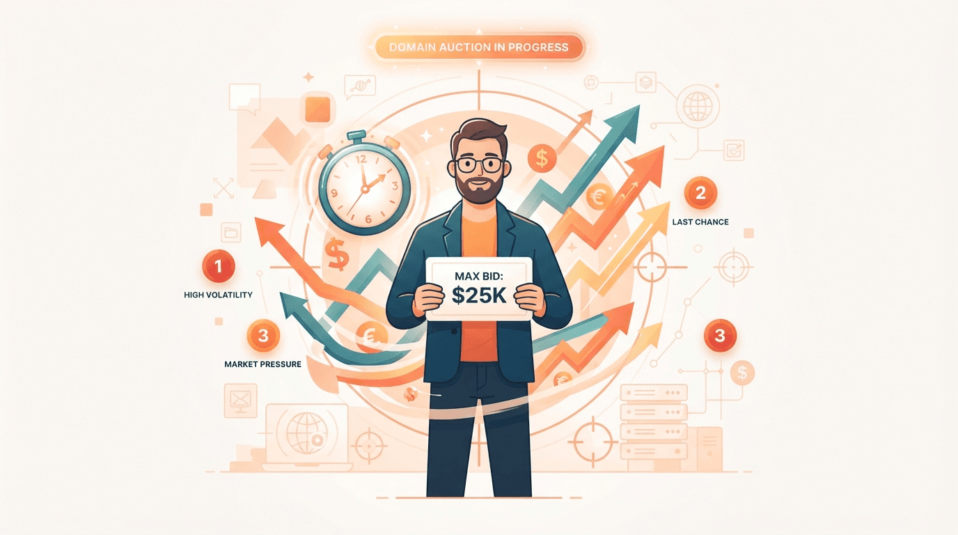 A domain investor calmly holding a written maximum-bid card while an orange bidding war of rising price arrows and an auction clock swirls around them.