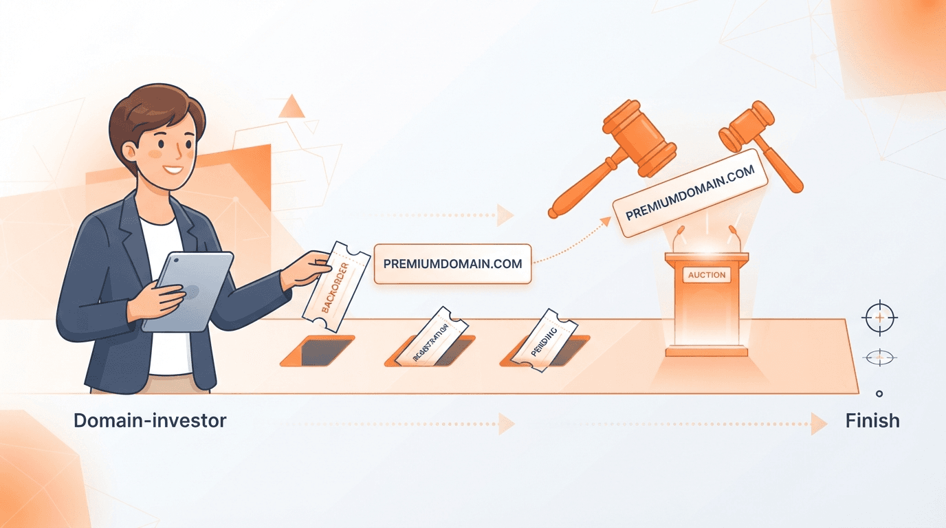 A domain investor placing a reservation ticket on an expiring domain while the name is quietly pulled into an orange aftermarket auction before it ever reaches the drop.