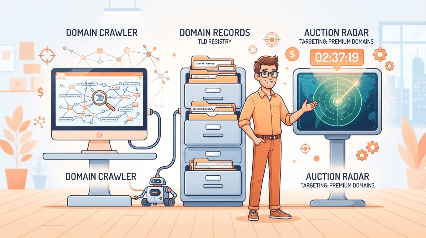 A domain investor comparing three machines side by side — a desktop crawler tethered to one computer, a hosted database of domain records, and an always-on live auction monitor watching a countdown clock.