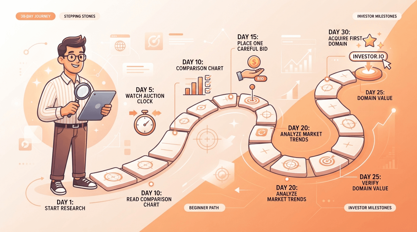 A new domain investor following an orange 30-day roadmap of numbered stepping stones, moving from watching auctions and pulling comparable sales to placing a first disciplined bid.