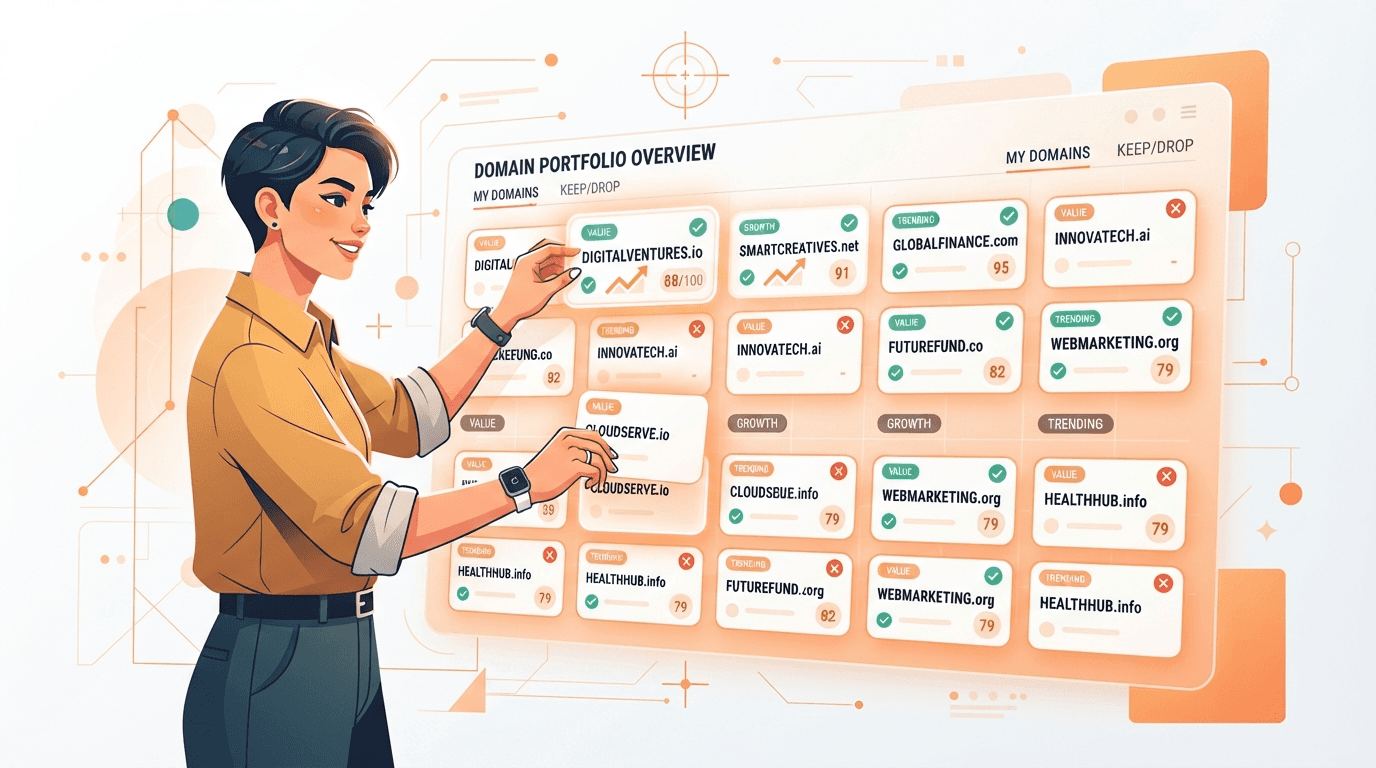 A domain investor organizing name cards into a structured orange portfolio grid, scoring each one to keep or drop instead of leaving them in a pile.