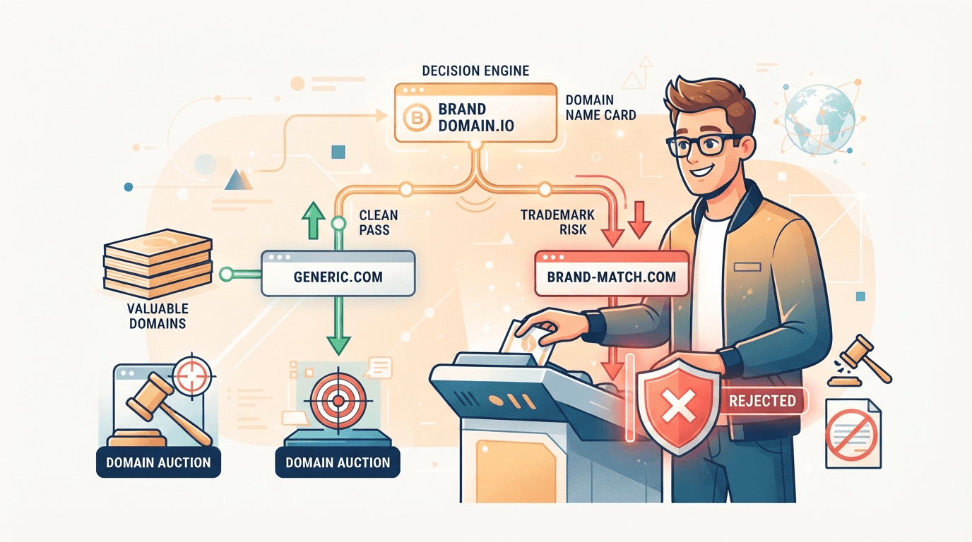A domain investor running a name through an orange trademark-risk decision tree, a clean generic name passing while a brand-matching name is flagged and rejected.