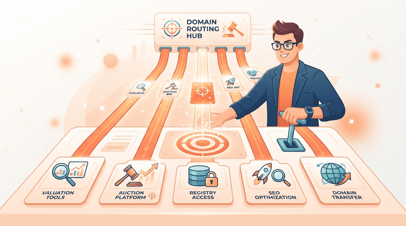 A domain investor at a routing switchboard sending five different domain-hunting jobs down separate orange tracks to the tool that fits each one.
