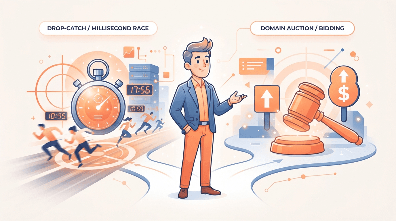 A domain investor choosing between two paths to an expiring domain — a millisecond drop-catch race and an orange aftermarket auction gavel.