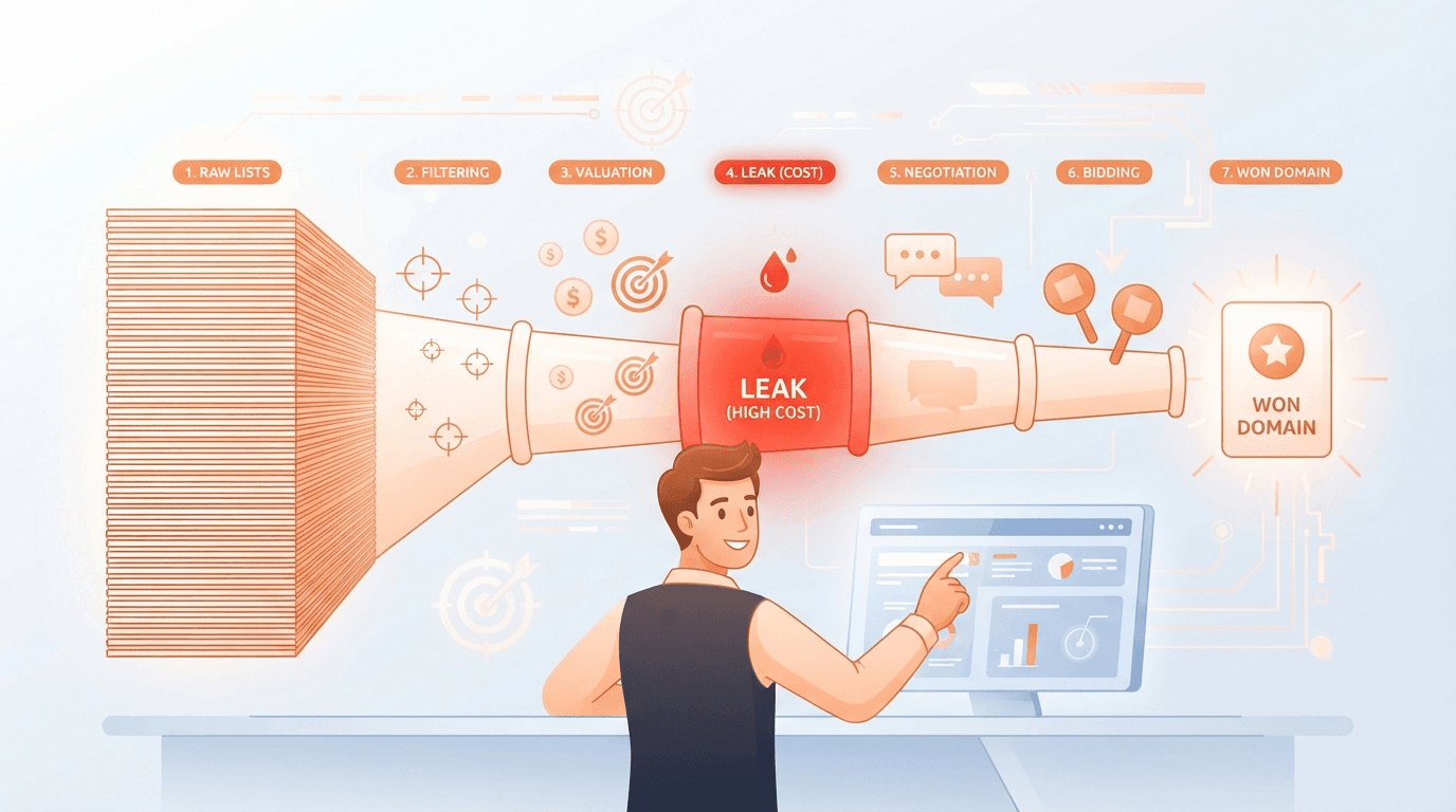 A domain investor tracing a seven-stage orange pipeline from a huge raw drop list to a single won domain, with the gap after the list stage glowing red.