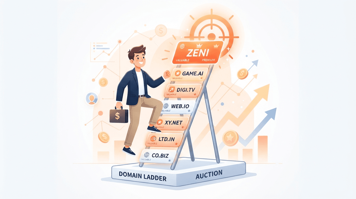 A domain investor climbing an orange value tier ladder of four-letter .com name cards, a premium CVCV pattern glowing at the top.