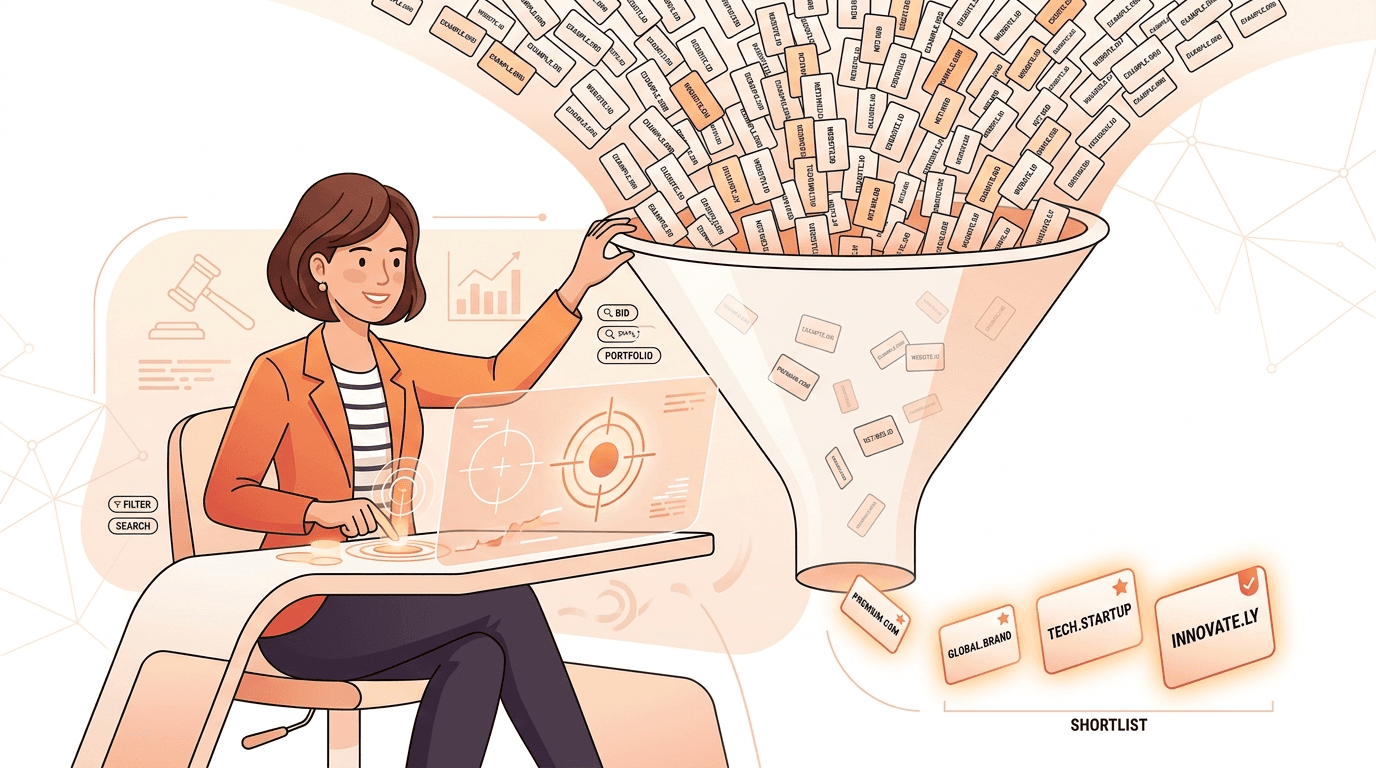 A domain investor filtering a flood of expired-domain cards down to a few highlighted keepers with an orange crosshair.