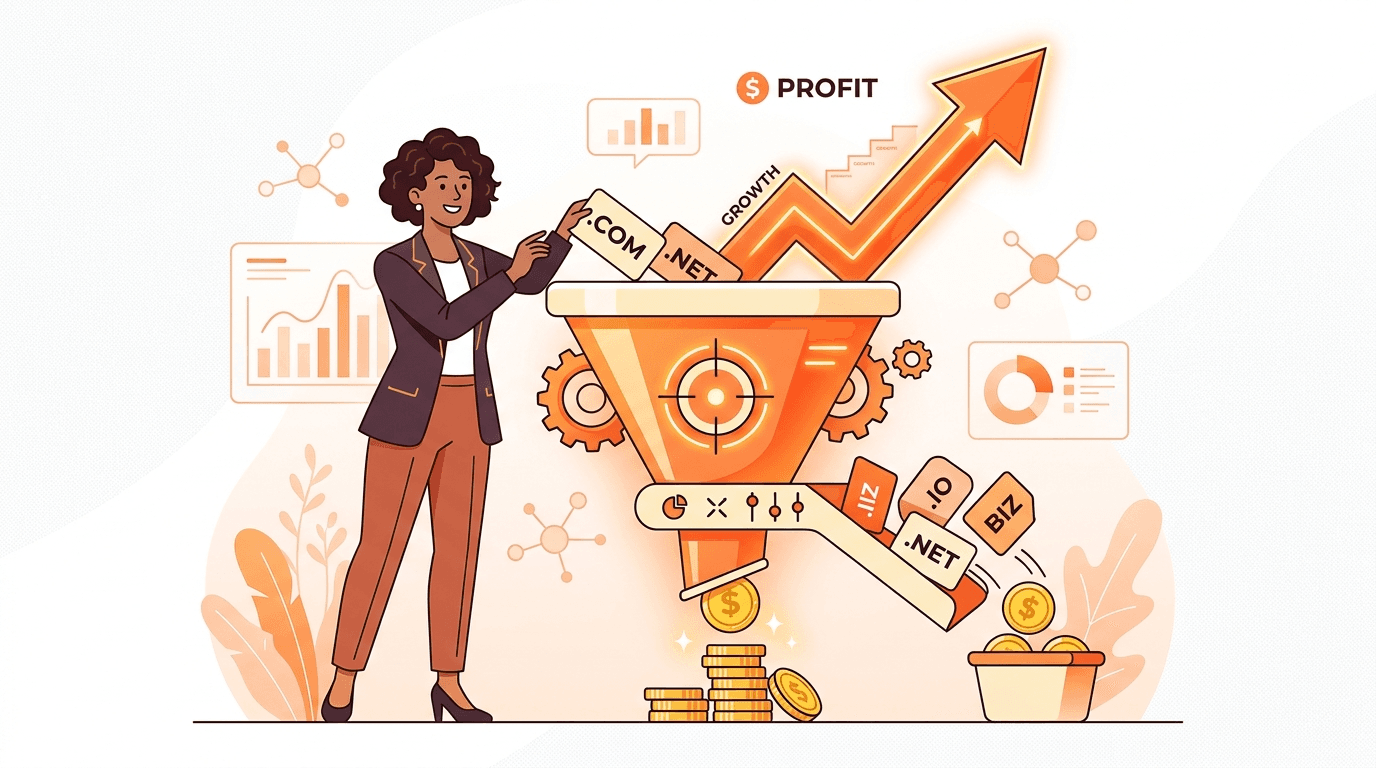 A domain investor moving a name through an orange acquire-to-sell flip funnel, buying low at auction and selling higher.