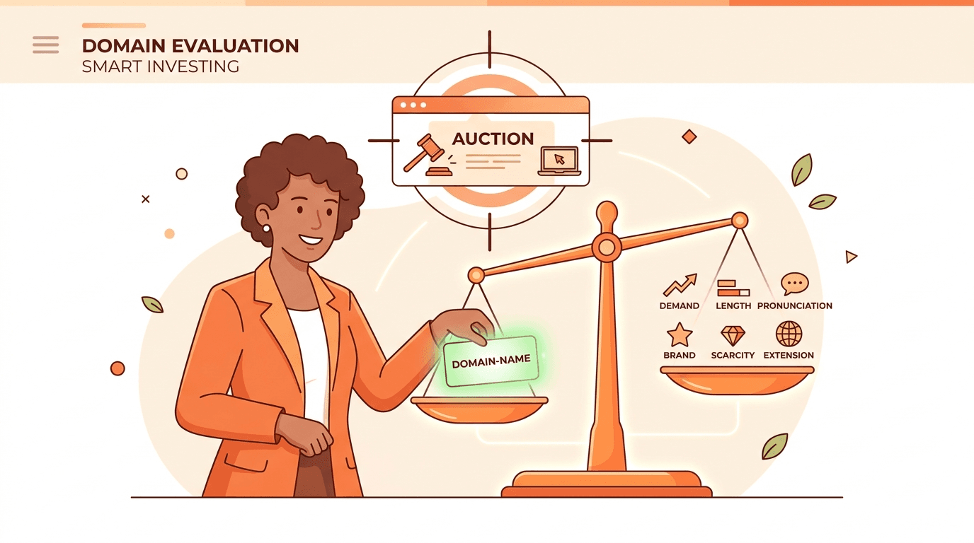 A domain investor weighing a domain name on an orange balance scale against the six factors that set its price.