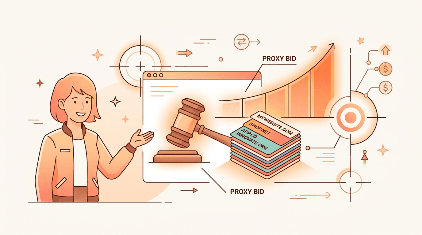 An explainer scene with an auction gavel, domain-name cards, and an orange proxy-bid meter.