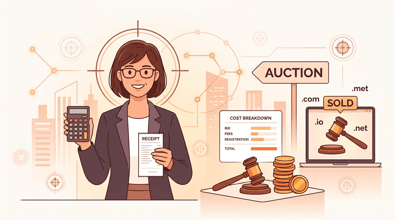 A domain investor with a calculator and receipt tallying the all-in cost of a Namecheap Market auction win beside an orange auction gavel.