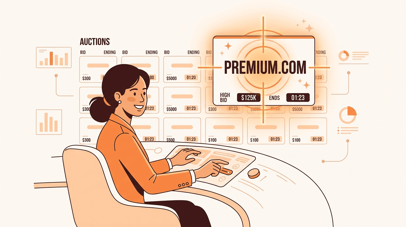 A domain investor at an auctions dashboard with an orange crosshair locking onto a premium domain card.