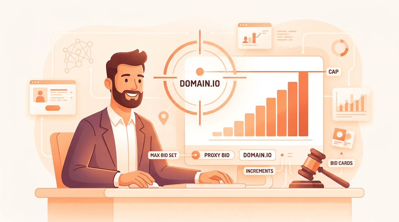 A domain investor setting a hidden maximum proxy bid as an orange meter climbs in small increments below the cap.