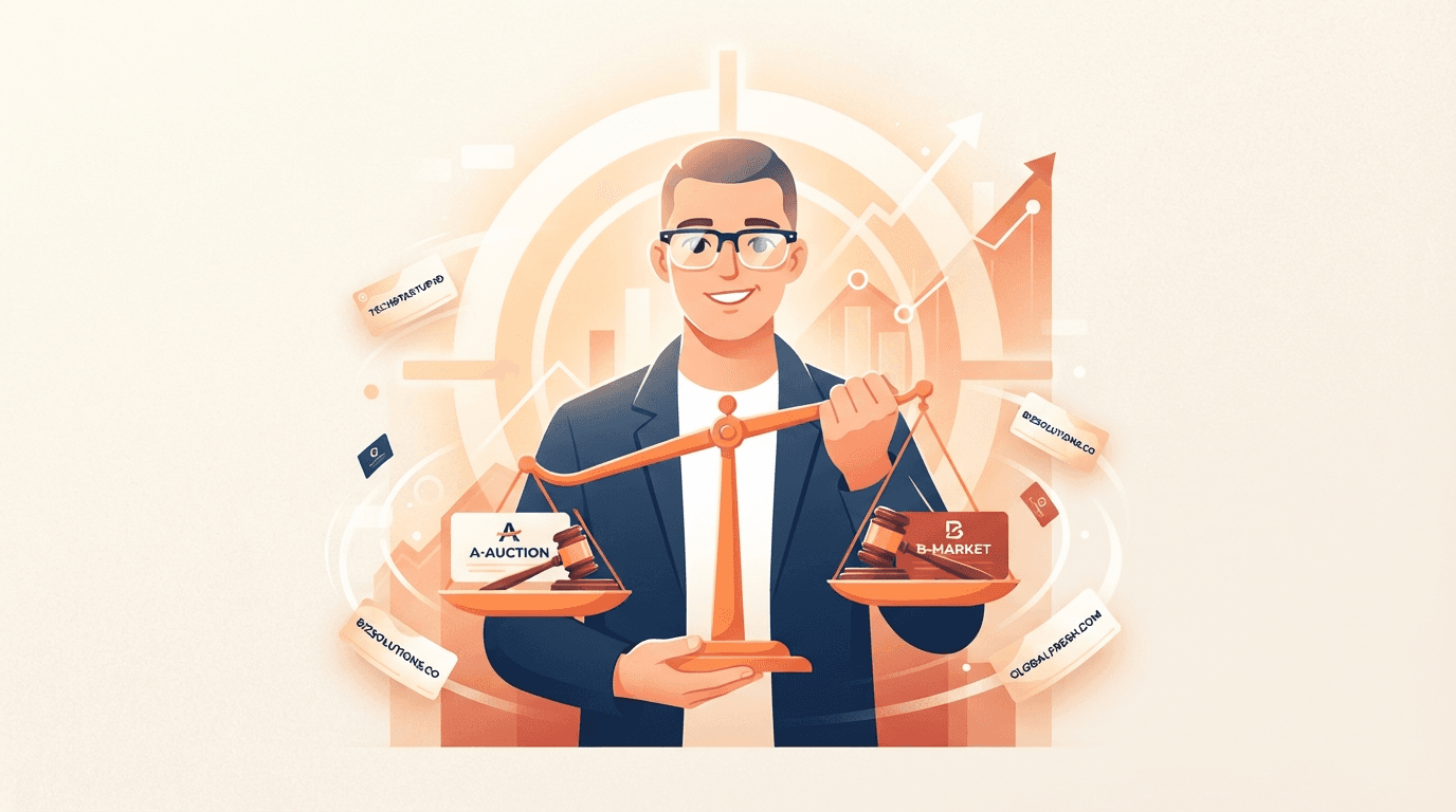 A domain investor weighing two aftermarket auction venues on an orange balance scale, comparing Namecheap and GoDaddy for sniping expiring domains.
