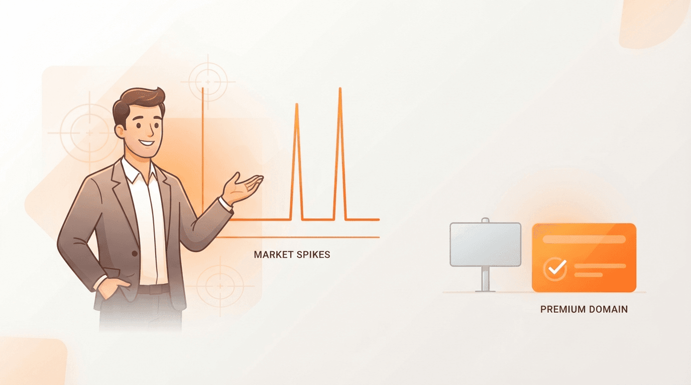 A domain investor presenting an orange income chart that stays flat for long stretches and pays out in two tall spikes, beside a dimmed parked-domain sign and a bright premium domain card marked sold.
