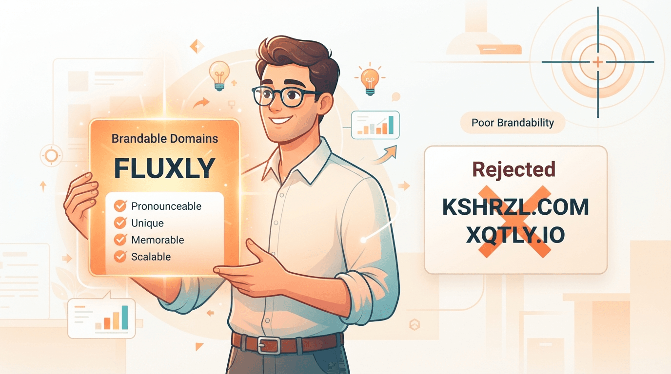 A domain investor running a name through an orange brandability scorecard, a pronounceable coined word passing while an unspellable string is rejected.