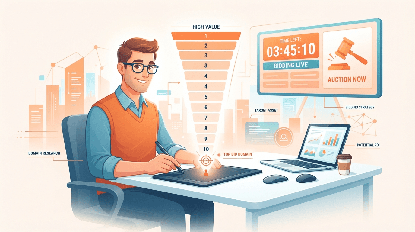 A domain investor working a maximum-bid worksheet down from comparable sales to a single odd-numbered ceiling while an orange auction clock counts down behind them.