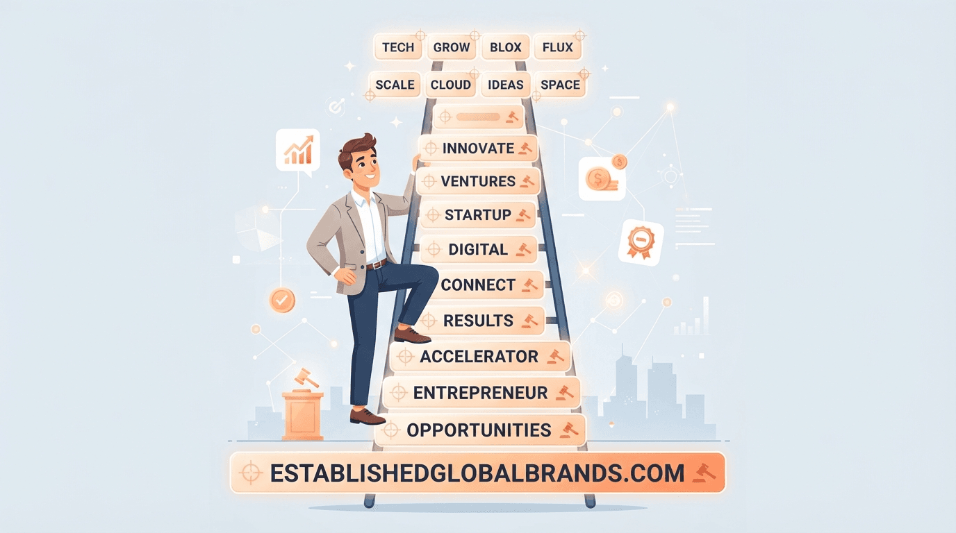 A domain investor climbing a ladder of domain-name cards whose rungs get shorter and scarcer toward the top, rising from one long multi-word .com at the base to compact four-letter names at the summit.
