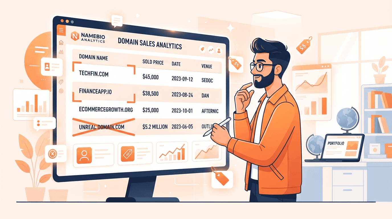 A domain investor pricing a name against a table of comparable sales on an orange NameBio-style dashboard, three tight comps highlighted and an outlier crossed out.