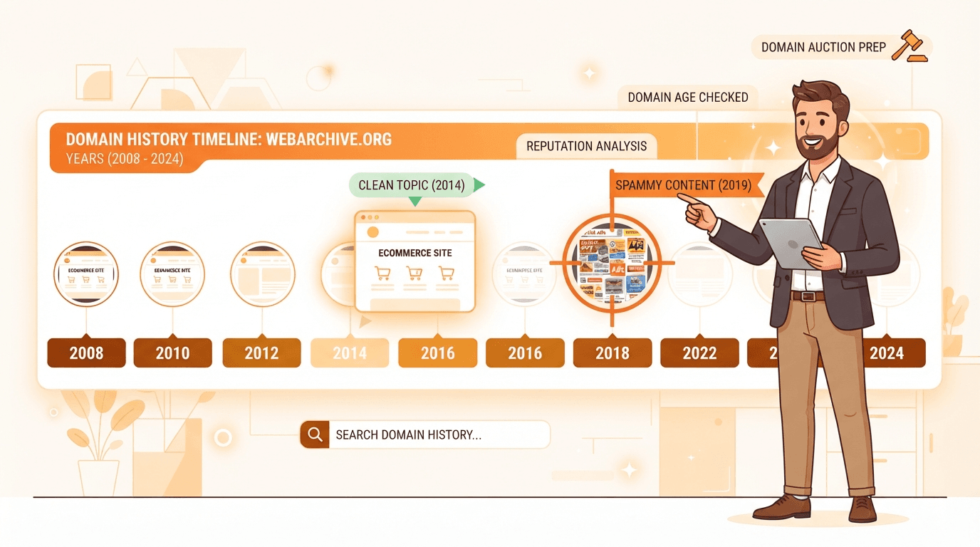 A domain investor reading an expired domain's history on an orange Wayback Machine timeline, a clean single-topic past passing while a spam period is flagged.