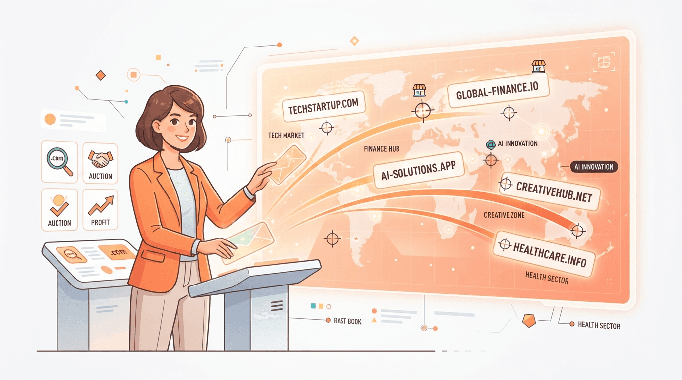A domain investor routing name cards to the right selling venues on an orange marketplace map, matching each domain to where its buyers are.